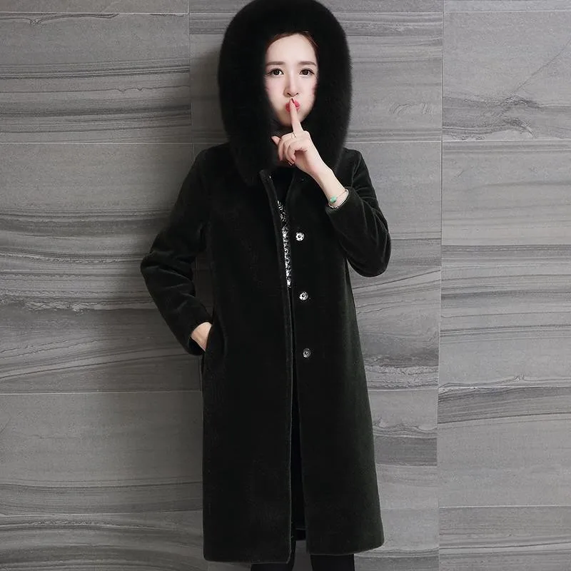 New Autumn Winter Women's Fur Jacket Natural Sheep Shearing Fur Coat Fox Fur Collar Hooded Long Warm Wool Outwear A93