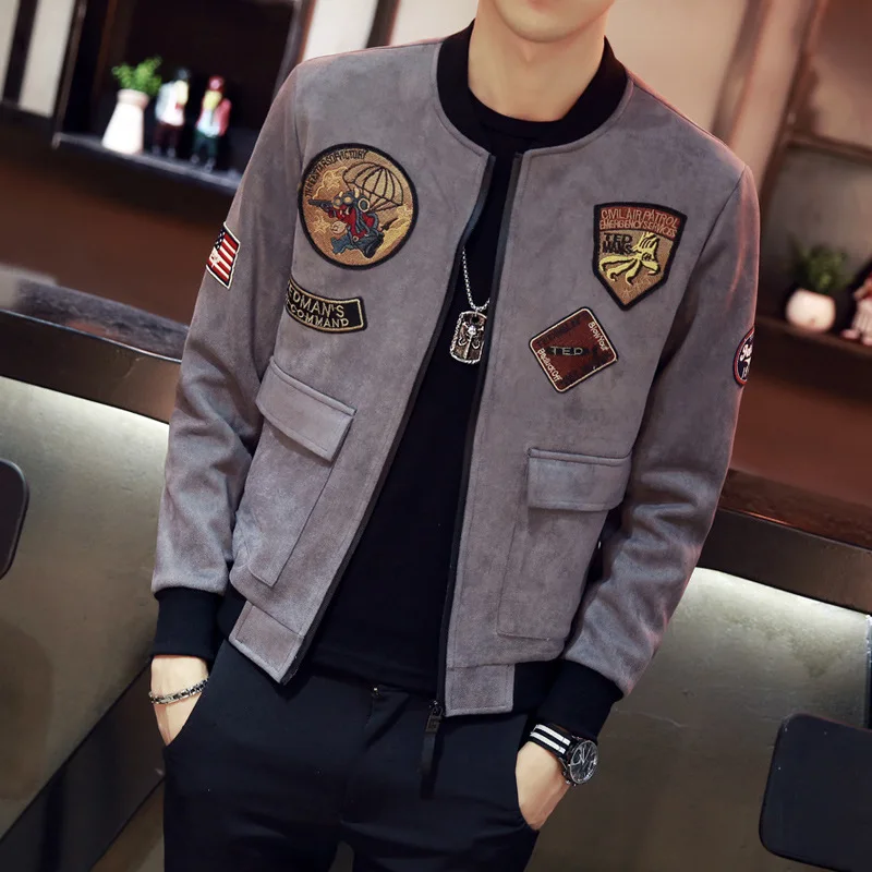 Осенняя одежда стиль Slim Fit замша Мужская куртка тренд Молодежная вышивка стоячий воротник куртка пальто Мужская