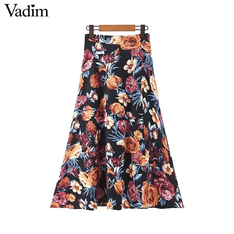 

Vadim women fashion floral pattern midi skirt irregular design elastic waist front split female casual asymmetrical skirts BA802