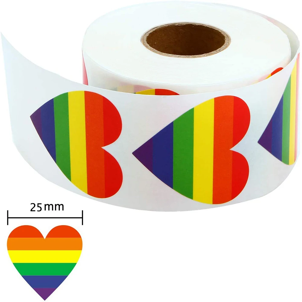 Pegatinas del orgullo Gay, pegatinas de arcoíris, corazón de amor, pegatina para hornear, cinta en forma de Corazón arco iris de amor de 1 pulgada, 50-500 piezas