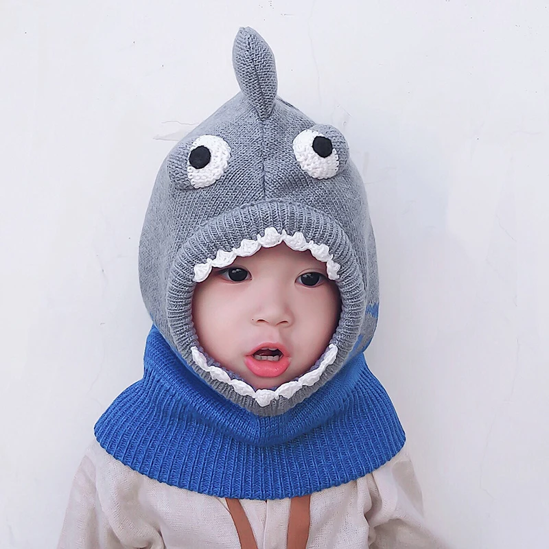 Winter Hat Helmet Boy Knit Beanie Fleece Lining Kid Warm Shark Animal Cap Skiing Outdoor Accessory Baby Headwear