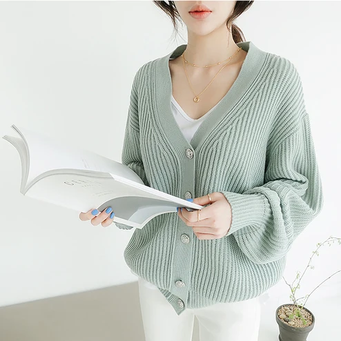 

Elegant Women Knit Cardigans Sweater V-neck Lantern Sleeve Autumn Winter Mint Green Female Knitting Open Stitch Jumpers vs417