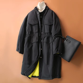 

2020 High Quality 90% White Duck Down Coat Women Warm Long Coat Female Solid Color Mid-length Pockets Pleated Puffer Jacket K034