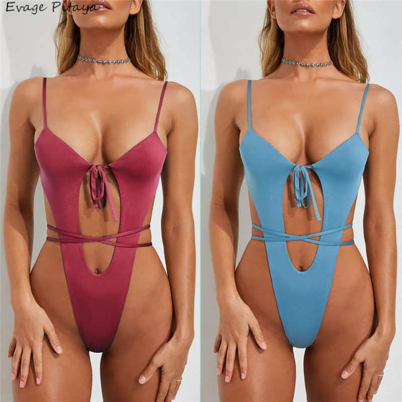 

Evage pitaya 2019 new swim suit women swimwear V neck Bandage Tie front hollow out high leg sexy one piece swimsuit women