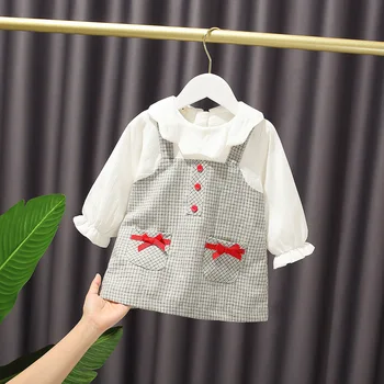 

Baby Princess Dress Korean Style Fake Two-piece Tartan Skirt Lady Temperament A- Line Dress Fashion Autumn Dress Plaid Cute Full