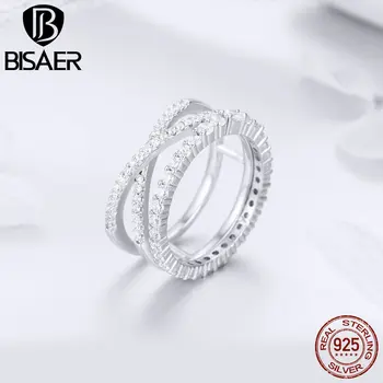 

BISAER Silver Rings for Women 925 Sterling Silver Clear CZ Double Layer Finger Ring Sets Silver Femme Luxury Jewelry GXR463