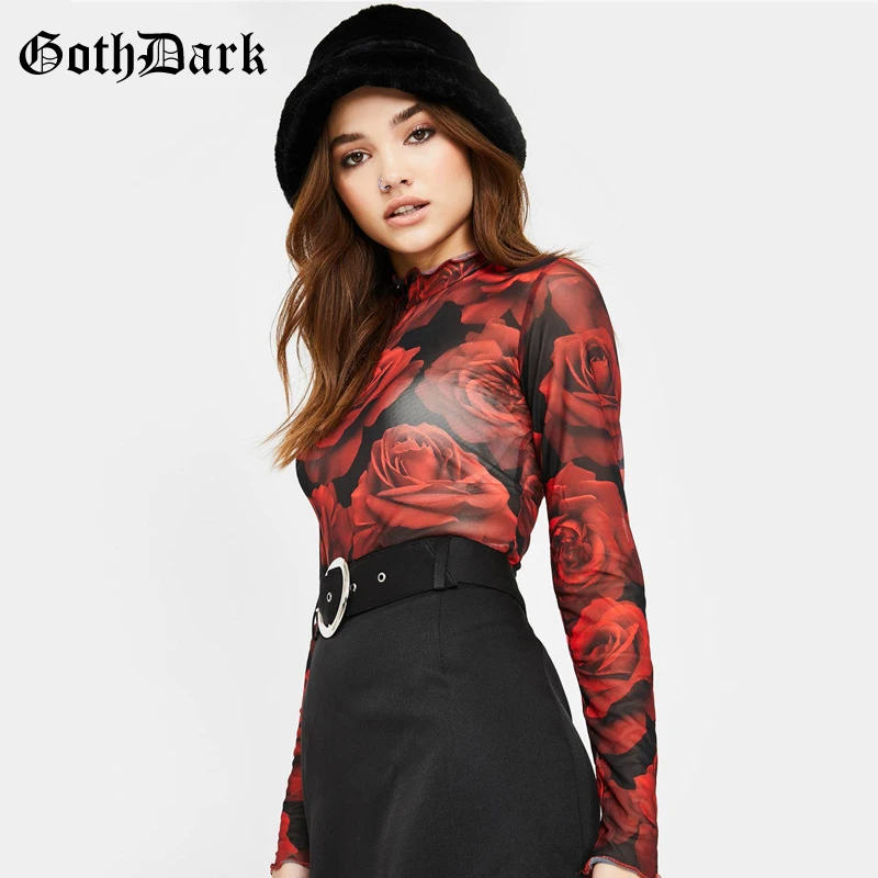 Goth Dark Floral Print Vintage Gothic T-shirts Women Harajuku Ruffle Long Sleeve Autumn Winter Female T-shirt Grunge Red