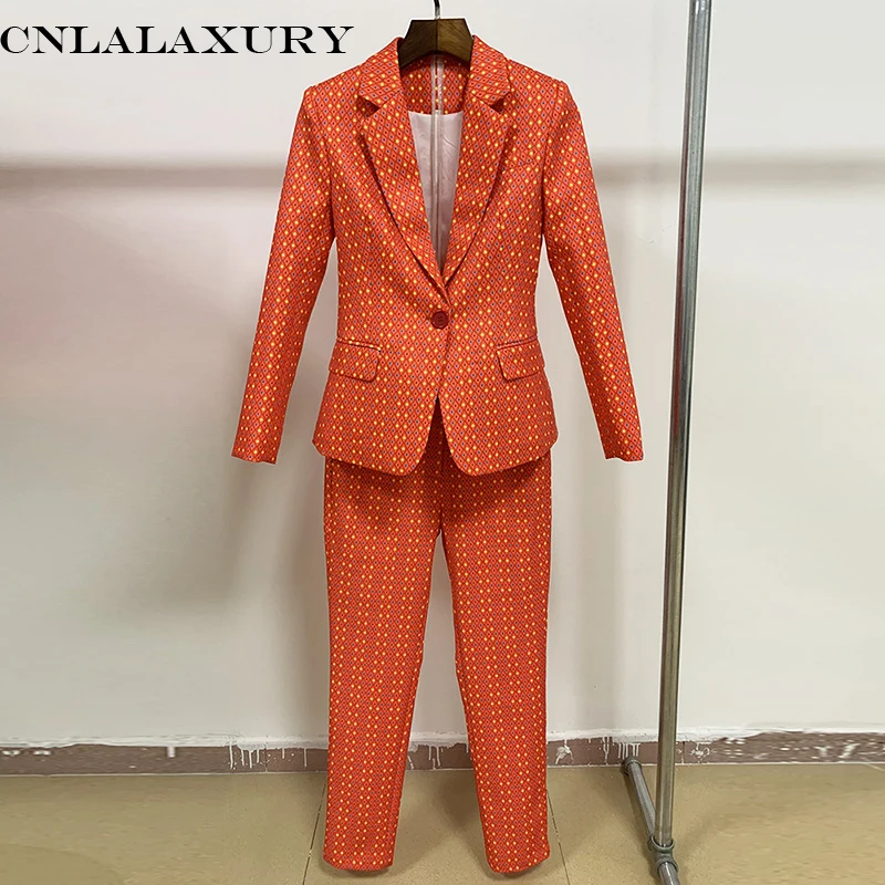 

Runway Designer Pants Suit Women Vintage Plaid Floral Print Office Lady Suits Blazer Set Trouser Two Piece Set tailleur femme