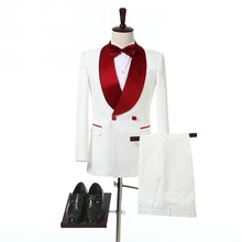Ivory Double Breasted Wedding Tuxedos for Groom Red Shawl Lapel Two Piece Custom Made Formal Men Suits (Jacket + Pants)