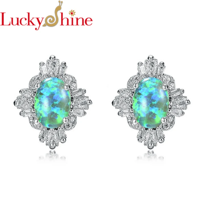 

LuckyShien1 Pairs New Arrival Wholesale 925 Sterling Silver Marquise Cut Blue Fire Opal Stud Earrings Wedding Earrings 3 Color