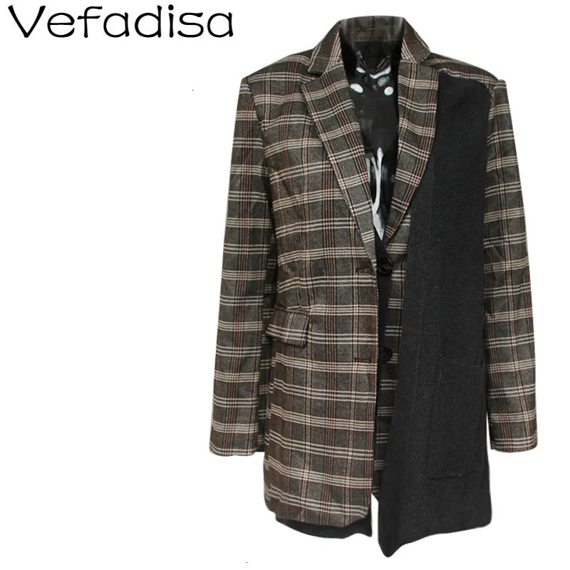 

Vefadisa Autumn Plaid Patchwork Suit Coat V-Neck Irregular Loose Suit Coat Single Breasted Office Lady Suit Coat 2019 QYF618