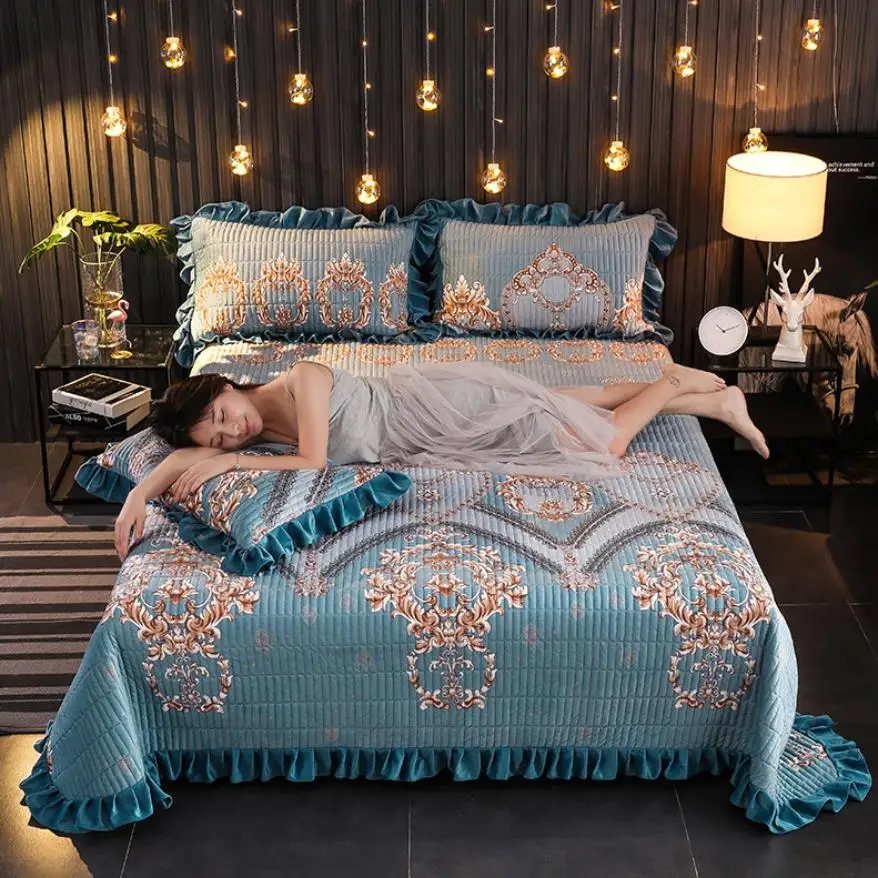 1 шт покрывало+ 2 шт наволочки Европейский стиль Одеяло роскошное Королевское синее покрывало утолщенное одеяло лист лотоса кружева двойная кровать