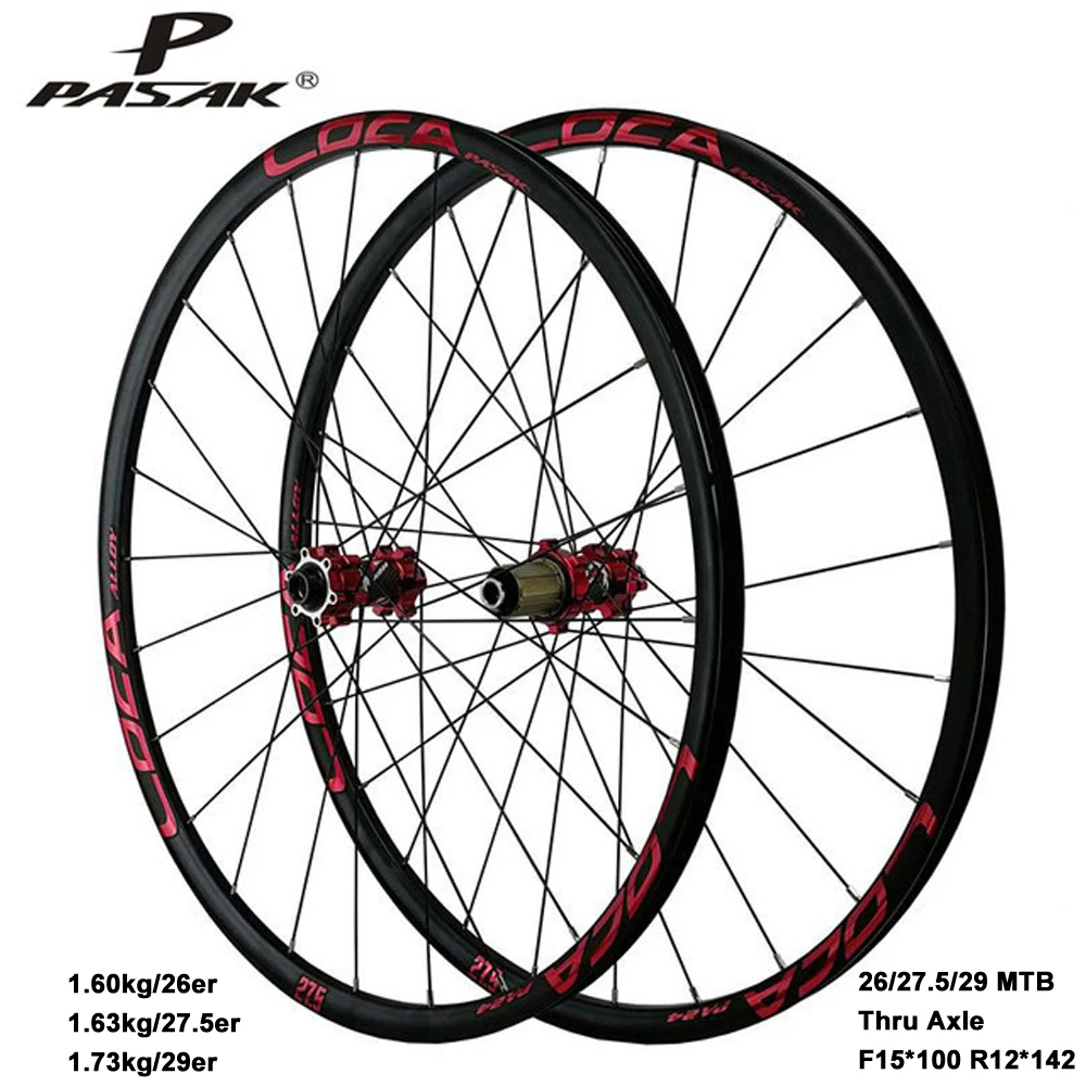 Pasak Mtb Wheelset 26 27.5 29er 700c Thru Axle F15*100 R12*142mm Disc Brake 24 Holes Sand Blasting Schrader Valve