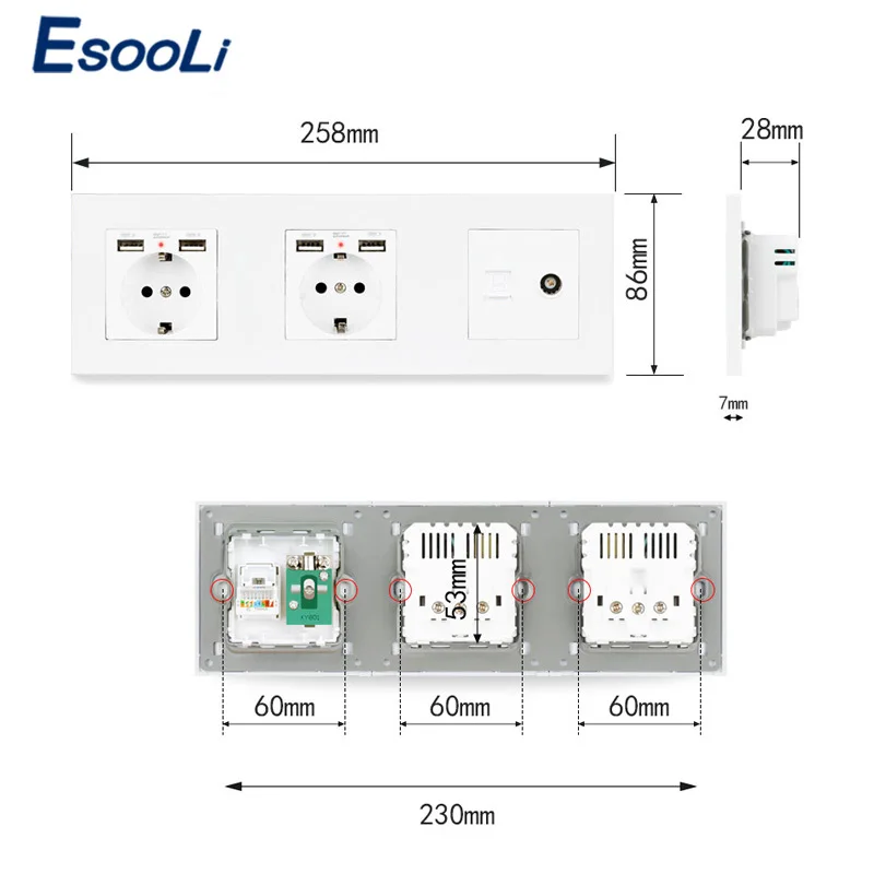 Пластиковая панель ESOOLI электрическая розетка европейского стандарта с 4 USB