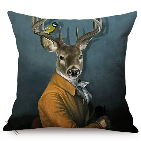 Europe Art Posters Style Decorative Cushion Cover Deer Giraffe Owl Ostrich Funky Animal Vintage Portrait Sofa Throw Pillow Case 