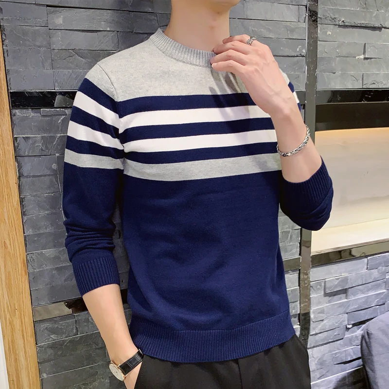UYUK2109 Autumn And Winter New Stripe Hit Color Round Neck Temperament Quality Fashion Slim Men's Sweater Clothes Homme  Cotton