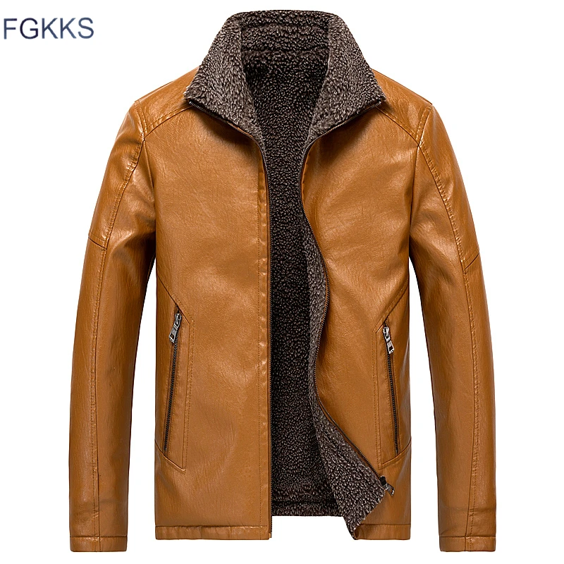 

FGKKS Men Motorcycle Faux Jackets Coats Autumn Winter Male Leather Jacket Overcoat Men's Fashion Turn-Down Collar PU Jackets
