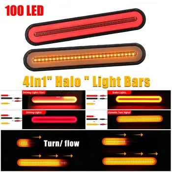 

2PC 4-in-1 Halo Ring 100LED Lights Red+Yellow 233mm X 42mm X 16mm Car Rear Taillight Brake Turn Signal Lamp IP68 Waterproof