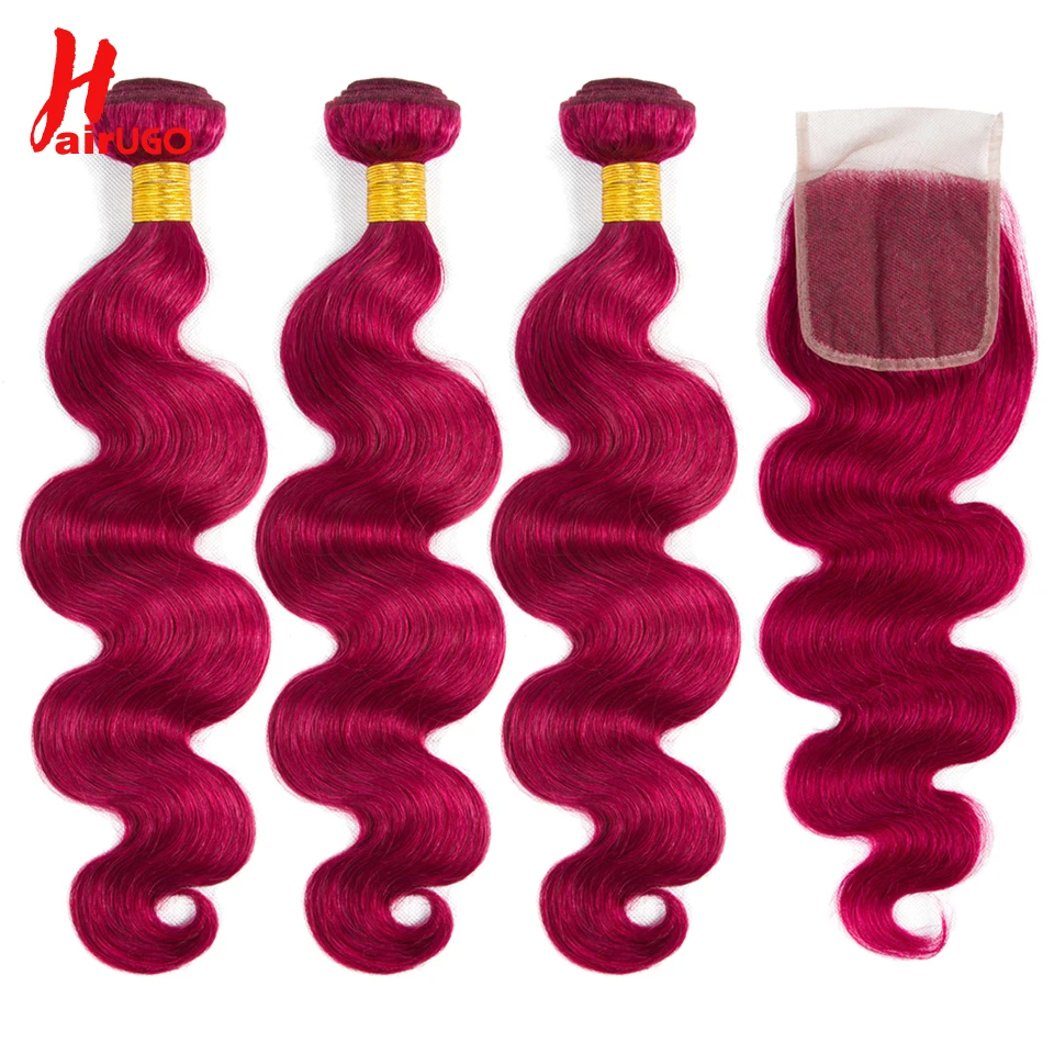 

HairUGo Brazilian Body Wave Bundles With Closure Pre Colored BUG Human Hair Bundles With 3/4 Lace Closure Non Remy Hair Weaving