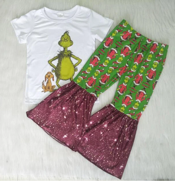Повседневная Рождественская футболка с цветочным принтом и рисунком героев мультфильмов для маленьких девочек, комплект со штанами