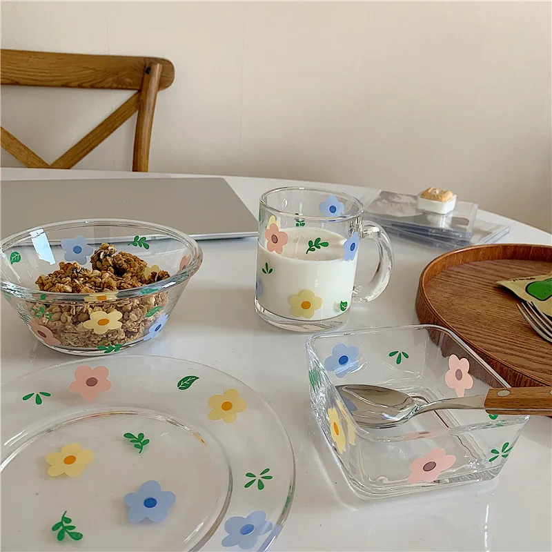 Korean Style Fresh and Lovely Flower Glass Bowl Breakfast Cereal Salad Cup Heat Resistant Plate |