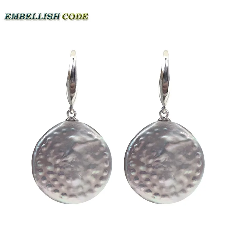 

22mm big size baroque stely coin button flat round shape gray grey hook dangle earring natural pearl 925 silver hyperbole