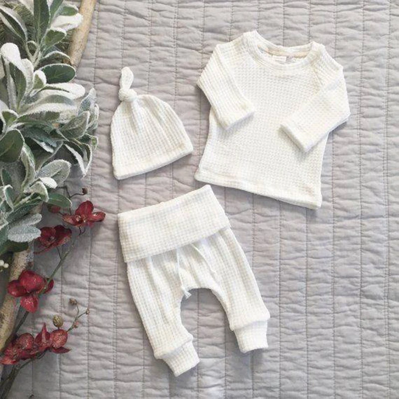 3 Stuks Baby Pasgeboren Baby Schattige Kleding Sets Meisjes Jongens Herfst Warme Harem Broek Wafel Geribbeld Effen Unisex Bodysuits + Elastische Broek