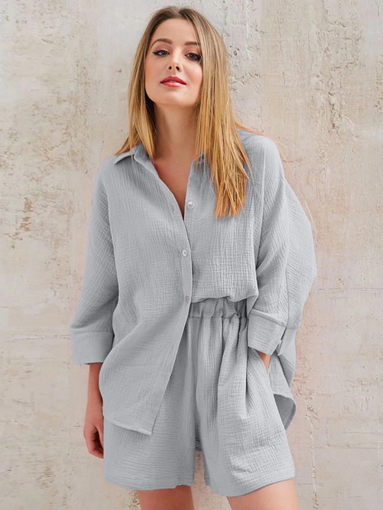 Waliicorners Pijamas Suits With Shorts Cotton Women Pajama Turn Down Collar Sleepwear Trousers Pocket 17 Ha5f09f9a4cdf4369aa2d256a4b2943f4T