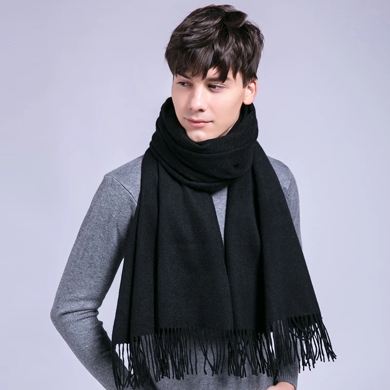 Man's Winter 100% Wool Scarf Cashmere Luxury Wool Thicken Solid Warm Shawls and Wraps for Men Pashmina Muffler Pure Wool Scarves men scarf style