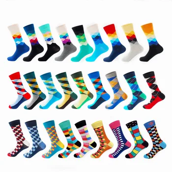 

LIONZONE Men Funny Colorful Combed Cotton Socks Diamand Pattern Unisex Casual Dress Wedding Happy Socks