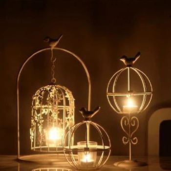 

Romantic Hanging Birdcage Candle Holder Retro Wrought Iron Candlestick European Lantern Creative Home Restaurant Decoration Gift