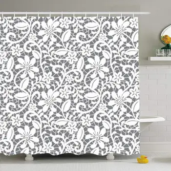 

Shower Curtain Set with Hooks 72x72 White Old Drapery Lace Details Floral Pattern Decor On Vintage Seamless Stockings Textures