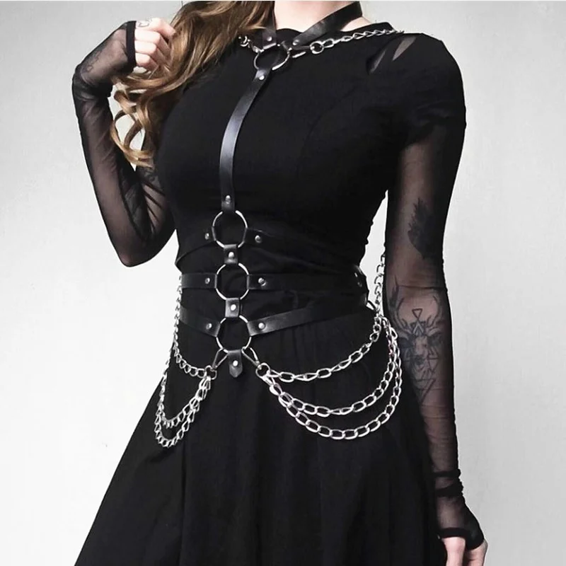 2020 Sexy Women Leather Belt Gothic Harajuku Leather Chain Halter Belt Adjustable Bondage Holographic Metal Chain Harness