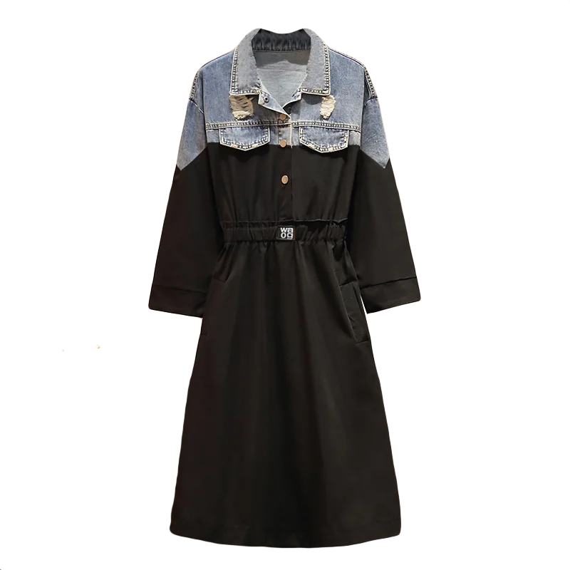 lower price  4XL autumn new fashion long hole denim stitching windbreaker jacket