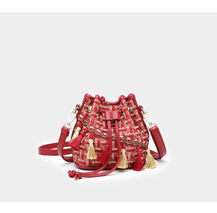Luxury Brand Handbag Women's Bag Quilted tweed Busket bag Fashion Lady Bohemia Tassel Bags Female Drawstring Crossbody Bag Purse (2)