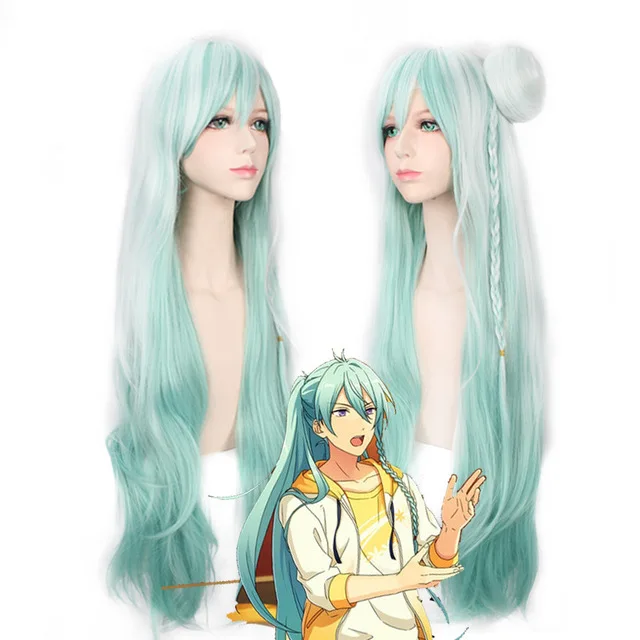 

100cm Anime Ensemble Stars Hibiki Wataru Cosplay Wig Long Green White Gradient Ombre Braided Hair Wig with Bun