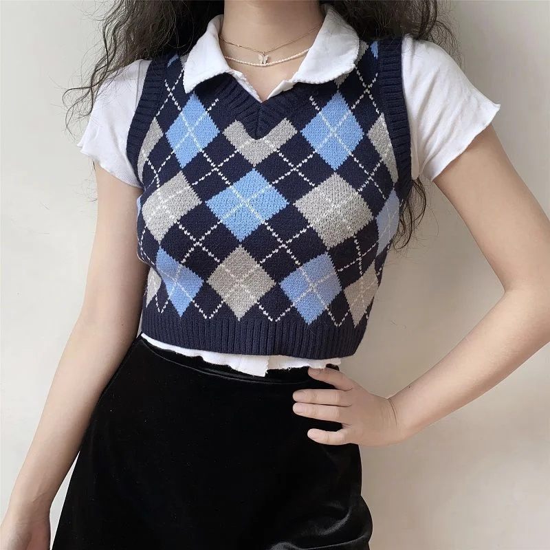 V Neck Vintage Argyle Sweater Vest Women's Sleeveless Sweater Plaid  Knitting Crop Casual Autumn Preppy Style Pull Sans Manche - Sweater Vest -  AliExpress