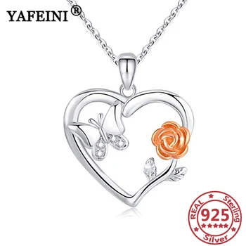 شراءYAFEINI 925 فضة الورد و عقد بحلية متدلية على شكل فراشة قلادة Silver925 سلسلة مجوهرات النساء عيد الحب هدية عيد الأم هدية