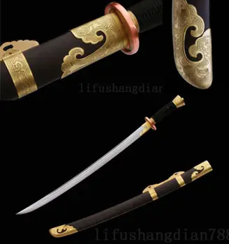 

SHARP ROOSWOOD AMASCUS FOLDED STEEL FULL TANG CHINESE QING SWORD BLACK SAYA