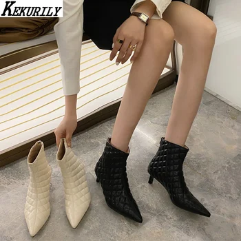 

Fashion Plaid Sewing Boots Women Zip Pointed Toe Ankle Boot Thin Med Heels Shoes 2020 Autumn Chelsea Booties Mujer Black Apricot