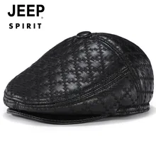 JEEP SPIRIT, осенне-зимняя мужская Кепка из натуральной кожи, Мужская черная Клетчатая Кепка из овечьей кожи, мужская шапка из натуральной кожи, s L-XXL