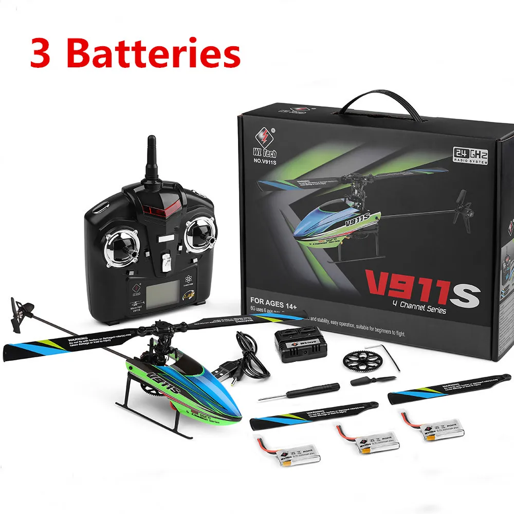 WLtoys V911S 2 4G 4CH 6 Aixs гироскоп бесflybarless RC вертолет RTF наружная модель игрушки w/ 3 шт 7 V