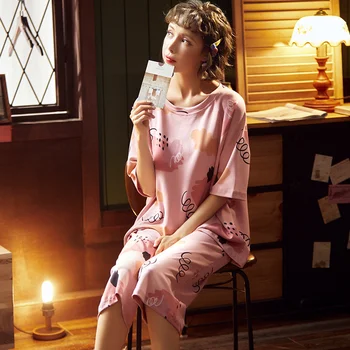 

Womens cotton pyjamas summer Pijamas Set pink Short Sleeve Top Sleepwear Sets Femme Plus size Calf-Length Pants Nightsuit