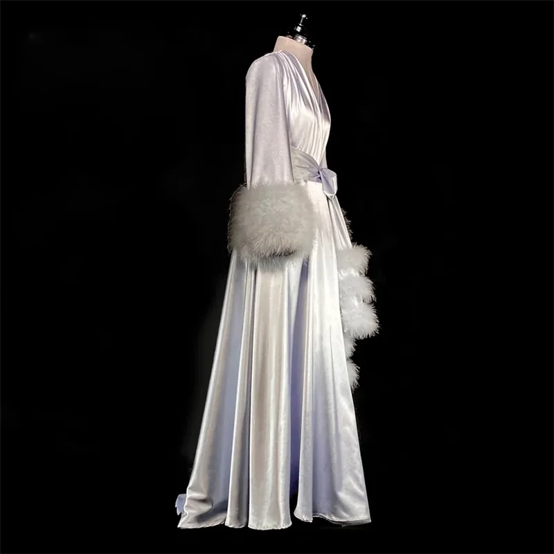 White Fur Wedding Sleepwear With Belt Soft Silk Gorgeous Night Gown For Women Long Sleeves Made Woman Pajamas
