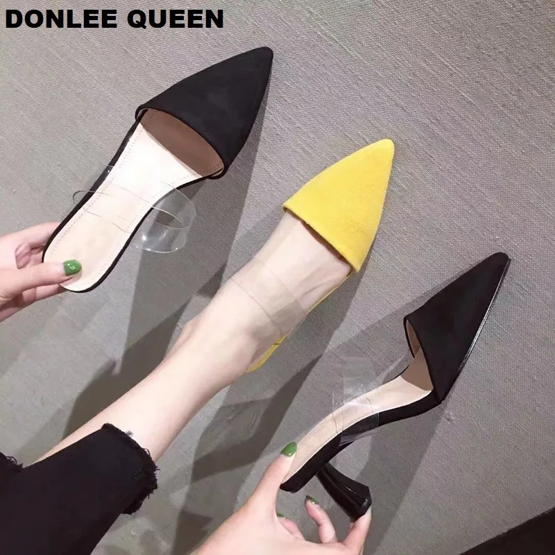 

2019 Summer Fashion Women Pointed Toe Slippers Med Heel Outdoor Slides Luxury Brand Slip On Mules Shoes Female zapatos de mujer