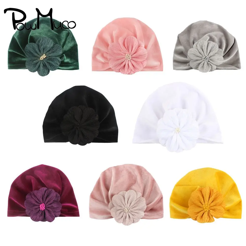 

Powmuco 18*15 CM High Quality Gold Velvet Infant Hat Cute Artificial Flower Baby Girls Caps Fashion Warm Kids Turban Photo Props