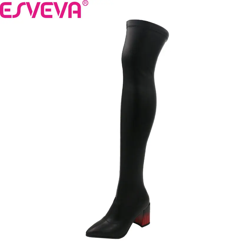

ESVEVA 2021 Sexy Pointed Toe Women Shoes Square High Heel Over The Knee Women Boots PU Leather Fashion Long Boots Size 34-43