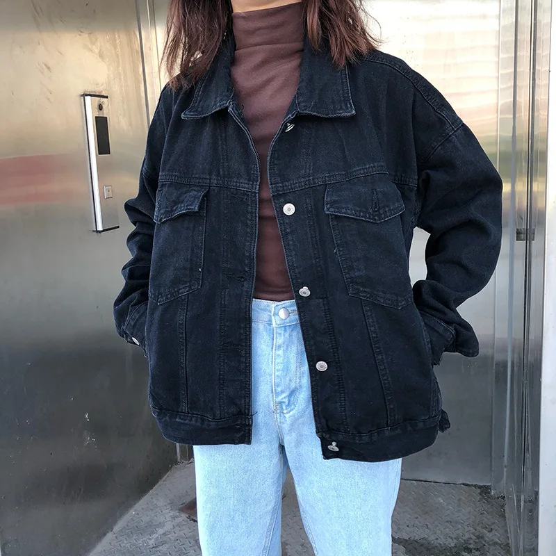 

Printed Flax New Style Loose-Fit Black And White with Pattern Korean-style Students BF Style WOMEN'S Jacket Jeans Coat Women's a