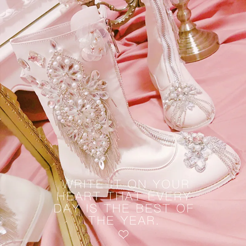 Ботинки Martin ручной работы с кисточками и молнией спереди; ботинки для девочек средней высоты; зимняя обувь в винтажном стиле «лолита» на плоской подошве; обувь на низком каблуке с круглым носком; Kawaii