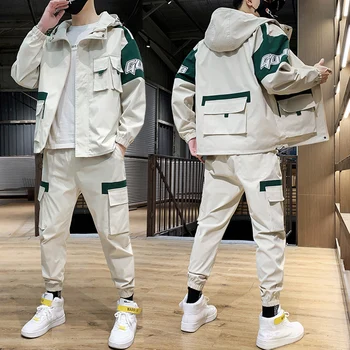 

Fashion 2 Pieces Sets Mens Jackets Loose Fit Elastic Waist Pants Hip Fashion Cargo Pullover Tracksuit M-3XL